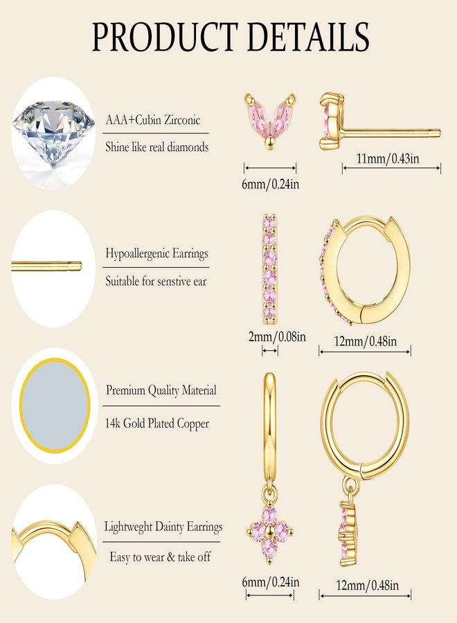 MOZAKA 3 Pairs Dainty Gold Birthstone Earrings Set for Multiple Piercing 14k Gold Plated Hypoallergenic Cartilage Small Hoop Stud Earrings Set for Women Birthday Gifts (OCTOBER Pink Tourmaline) - Image 4